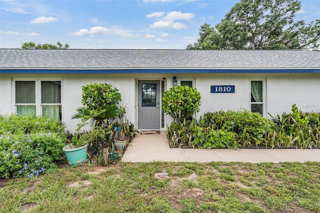 1810 Orange Hill Dr, Brandon, FL 33510 - view of exterior entry with stucco siding and a shingled roof