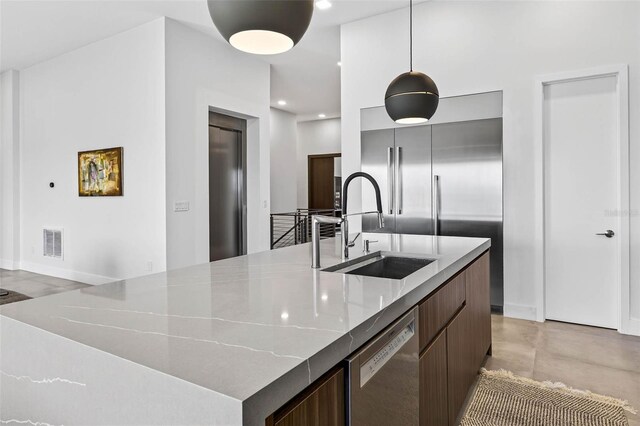 131 Forest Hills Dr, Redington Shores, FL 33708 - kitchen featuring dishwasher, modern cabinets, a large island, pendant lighting, and finished concrete flooring