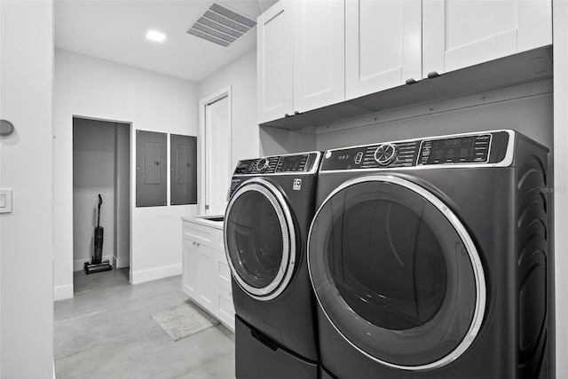 131 Forest Hills Dr, Redington Shores, FL 33708 - laundry area with washing machine and clothes dryer, cabinet space, and electric panel