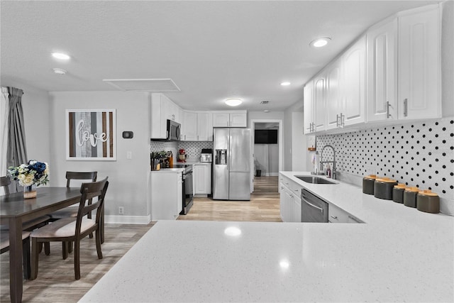 4460 67th St N, Saint Petersburg, FL 33709 - kitchen with appliances with stainless steel finishes, light wood-style floors, tasteful backsplash, white cabinetry, and recessed lighting