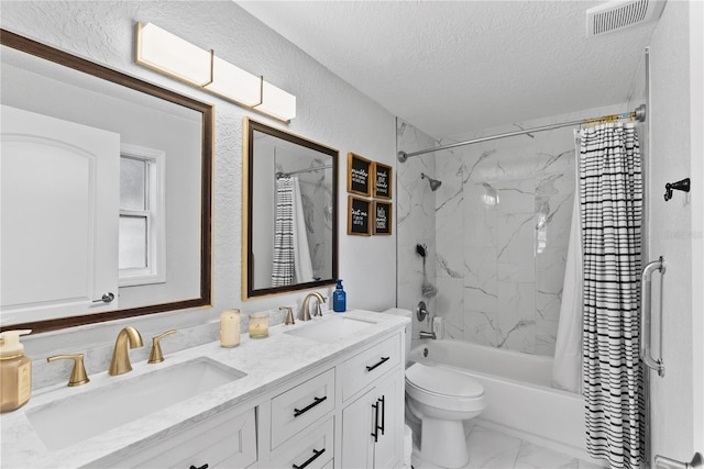 4460 67th St N, Saint Petersburg, FL 33709 - bathroom featuring a textured ceiling, marble look tile flooring, shower / bath combo with shower curtain, double vanity, and a textured wall