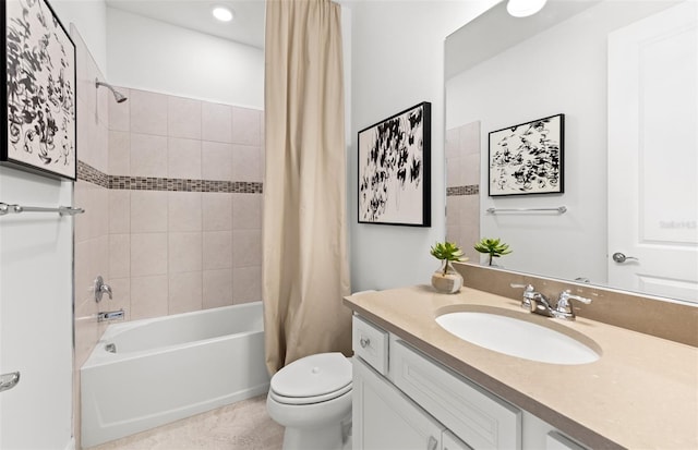 5719 Silverside Pine Ct, Lakewood Ranch, FL 34211 - full bathroom featuring vanity, shower / tub combo with curtain, tile patterned floors, and recessed lighting