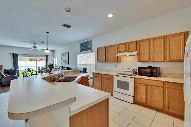 7603 Wood Violet Dr, Gibsonton, FL 33534 - kitchen with white range with electric cooktop, black microwave, under cabinet range hood, light countertops, and a textured ceiling