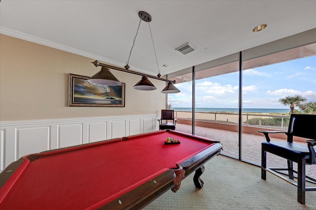 1340 Gulf Blvd Unit 12A, Clearwater Beach, FL 33767 - playroom with billiards, a water view, carpet flooring, a decorative wall, and expansive windows