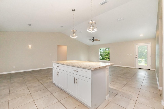 13116 Marathon Blvd, Port Charlotte, FL 33981 - kitchen with open floor plan, vaulted ceiling, light tile patterned flooring, decorative light fixtures, and a ceiling fan