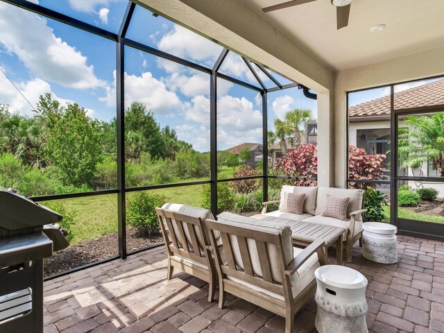 5317 Rushmere Ct, Palmetto, FL 34221 - sunroom / solarium featuring a ceiling fan and an outdoor living space