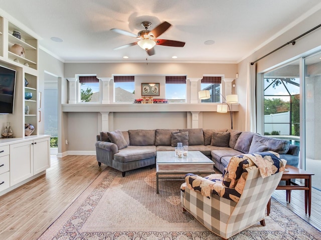 3503 Graycliff Ln, Brandon, FL 33511 - living area with ceiling fan, light wood-type flooring, ornamental molding, and recessed lighting
