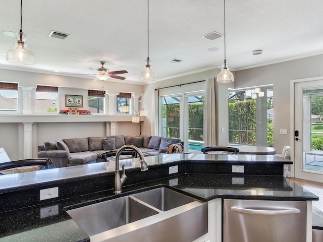 3503 Graycliff Ln, Brandon, FL 33511 - kitchen featuring stainless steel dishwasher, dark stone countertops, plenty of natural light, ceiling fan, and crown molding