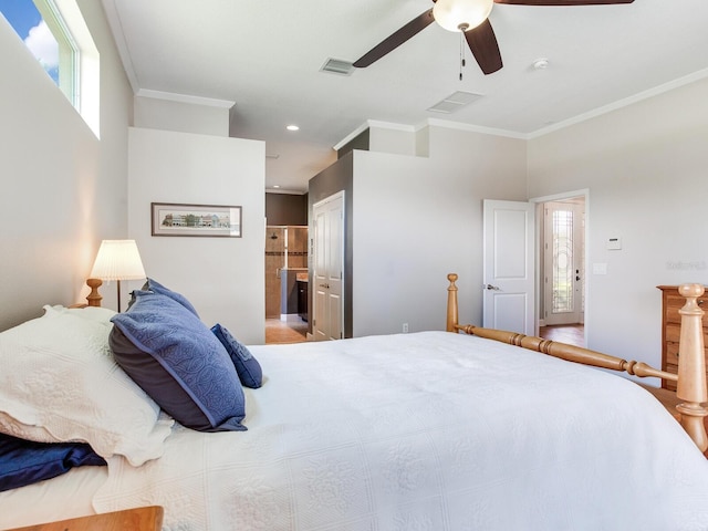3503 Graycliff Ln, Brandon, FL 33511 - bedroom featuring crown molding, a ceiling fan, ensuite bath, and recessed lighting