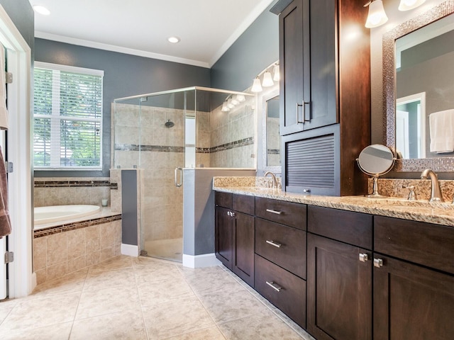 3503 Graycliff Ln, Brandon, FL 33511 - full bathroom with double vanity, a garden tub, a stall shower, crown molding, and tile patterned floors
