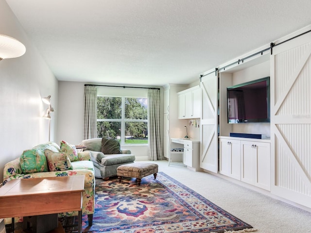 3503 Graycliff Ln, Brandon, FL 33511 - living area with a barn door, light colored carpet, and a textured ceiling