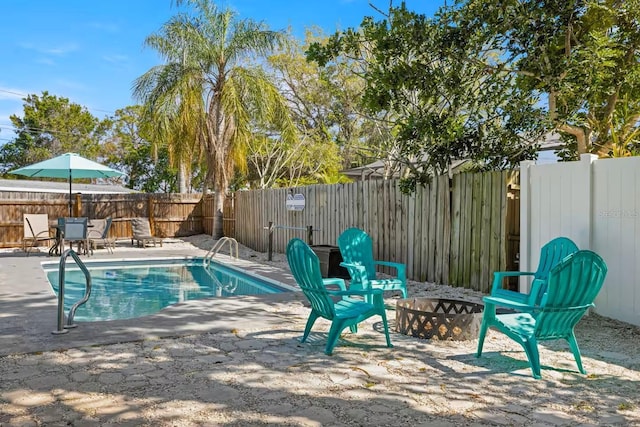201 S St, Palm Harbor, FL 34683 - view of pool featuring an outdoor fire pit, a patio area, and a fenced backyard