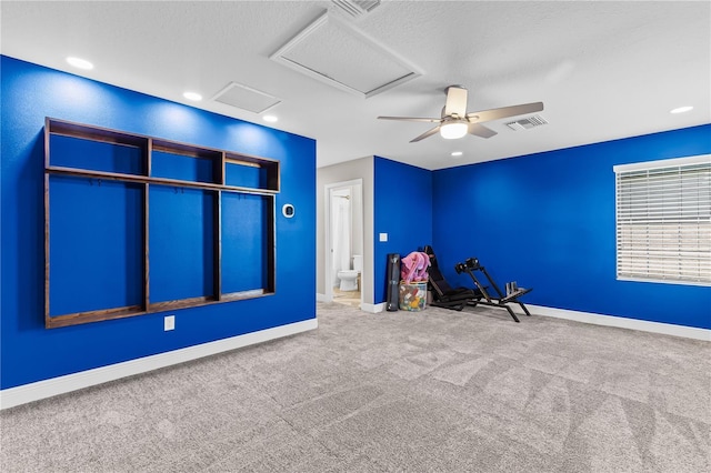 12607 Pensacola Ct, Riverview, FL 33579 - recreation room featuring attic access, carpet floors, a textured ceiling, ceiling fan, and recessed lighting