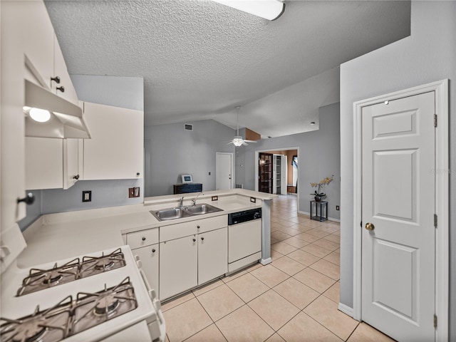 22829 Saint Thomas Cir, Lutz, FL 33549 - kitchen with white appliances, a peninsula, white cabinetry, lofted ceiling, and light countertops