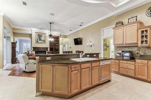 17906 Loretta Ln, Lutz, FL 33548 - kitchen featuring paneled dishwasher, light tile patterned flooring, a ceiling fan, open floor plan, and decorative backsplash