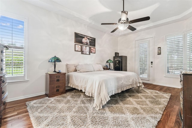17906 Loretta Ln, Lutz, FL 33548 - bedroom with dark wood-type flooring, access to exterior, ceiling fan, and a raised ceiling