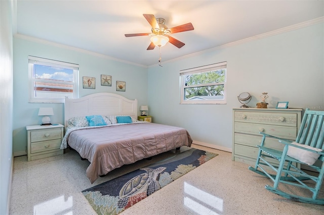 2025 Jefferson Ave, Dunedin, FL 34698 - bedroom with ornamental molding, a ceiling fan, and speckle patterned floor