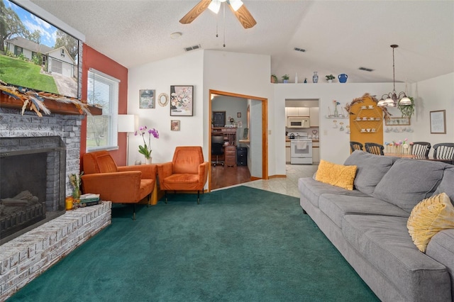 5301 Bayonne Ave, Spring Hill, FL 34608 - living room featuring ceiling fan, carpet, lofted ceiling, a fireplace, and a chandelier
