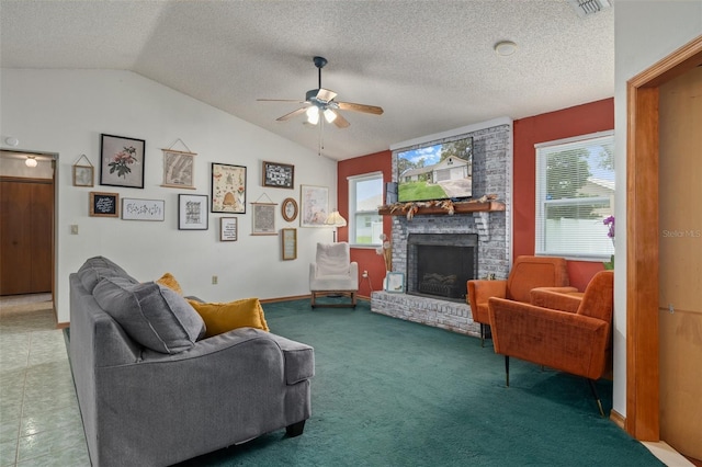 5301 Bayonne Ave, Spring Hill, FL 34608 - living area featuring lofted ceiling, ceiling fan, healthy amount of natural light, a fireplace, and a textured ceiling