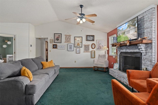 5301 Bayonne Ave, Spring Hill, FL 34608 - living area with ceiling fan, a brick fireplace, vaulted ceiling, carpet flooring, and a textured ceiling