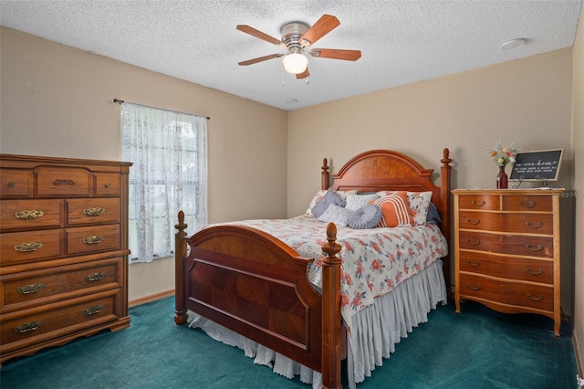 5301 Bayonne Ave, Spring Hill, FL 34608 - bedroom with dark colored carpet, a textured ceiling, and a ceiling fan