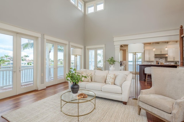 442 Midway Is, Clearwater Beach, FL 33767 - living area with a towering ceiling, light wood-style floors, and french doors