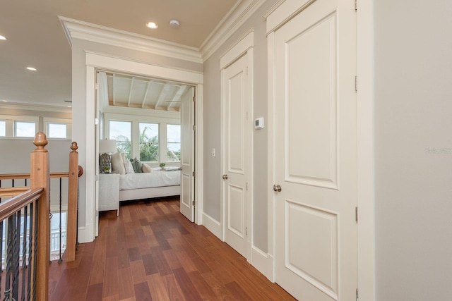 442 Midway Is, Clearwater Beach, FL 33767 - hallway with ornamental molding, dark wood-style flooring, an upstairs landing, and recessed lighting