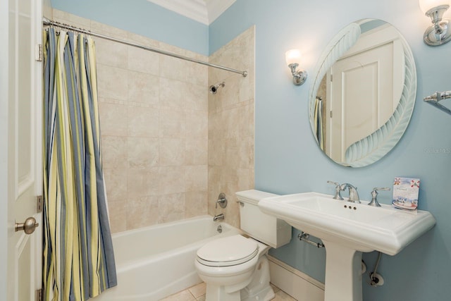 442 Midway Is, Clearwater Beach, FL 33767 - full bathroom with shower / tub combo with curtain, crown molding, and tile patterned floors