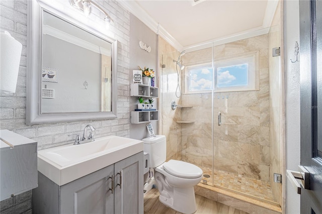 1205 Sweet Gum Dr, Brandon, FL 33511 - full bathroom with vanity, a stall shower, ornamental molding, radiator heating unit, and wood finished floors