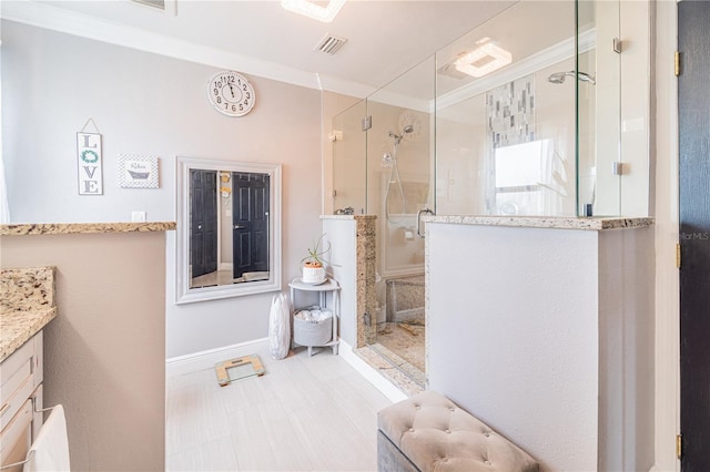 1205 Sweet Gum Dr, Brandon, FL 33511 - full bath with vanity, a shower stall, and crown molding