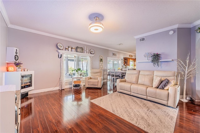 1205 Sweet Gum Dr, Brandon, FL 33511 - living area featuring wood finished floors, crown molding, and a fireplace