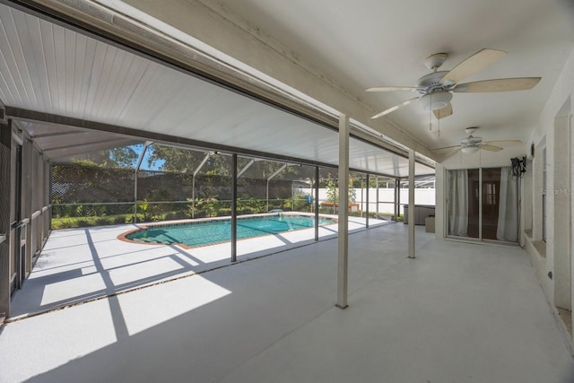 12405 Pathway Ct, Riverview, FL 33569 - view of swimming pool with a ceiling fan, a patio area, and glass enclosure
