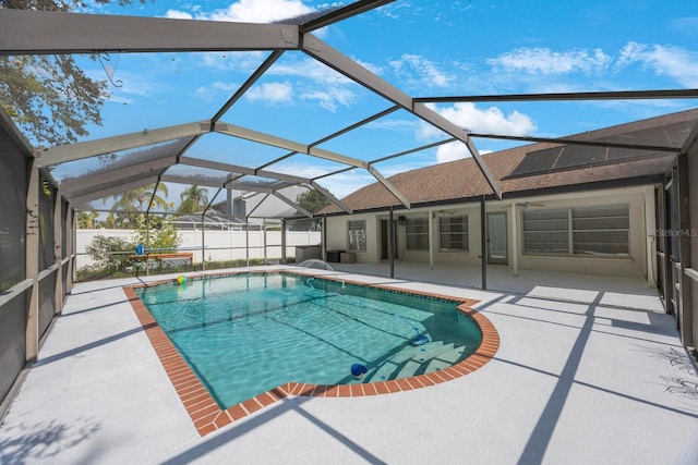 12405 Pathway Ct, Riverview, FL 33569 - view of swimming pool with a patio, ceiling fan, and glass enclosure