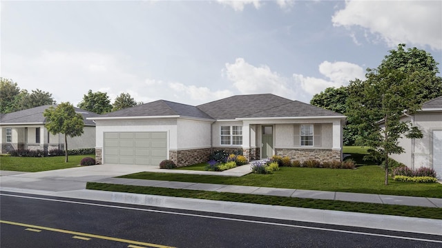 5909 Bibb Ct, North Port, FL 34288 - view of front of home featuring stone siding, a garage, and a front lawn