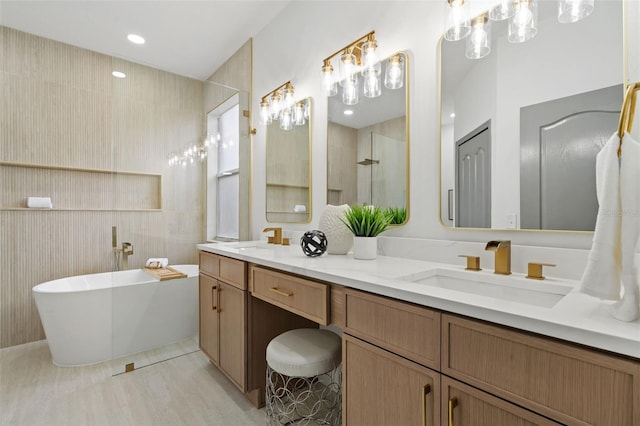 1800 Loch Haven Ct, Trinity, FL 34655 - full bathroom featuring double vanity, a freestanding bath, and a tile shower