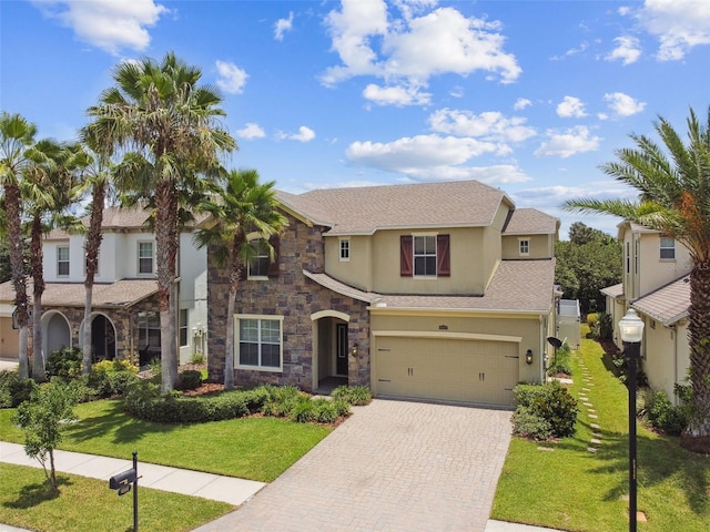 4544 Vermillion Sky Dr, Wesley Chapel, FL 33544 - view of front of home featuring stucco siding, decorative driveway, a front lawn, a garage, and stone siding