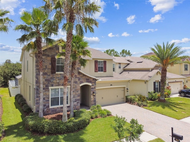 4544 Vermillion Sky Dr, Wesley Chapel, FL 33544 - view of front facade with stucco siding, stone siding, decorative driveway, a garage, and a front yard