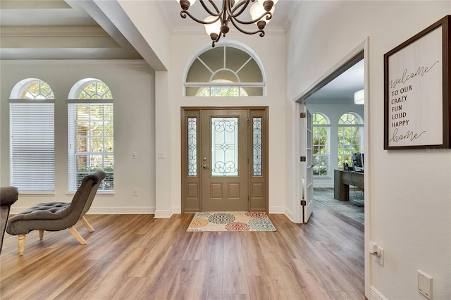 5804 Terncrest Dr, Lithia, FL 33547 - foyer entrance with crown molding, light wood-style floors, and a chandelier