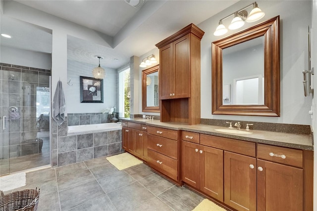 5804 Terncrest Dr, Lithia, FL 33547 - full bathroom with double vanity, a garden tub, a tile shower, and tile patterned flooring