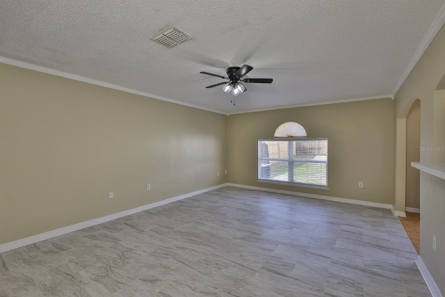 11438 Ivy Flower Loop, Riverview, FL 33578 - spare room with ceiling fan, arched walkways, crown molding, and a textured ceiling
