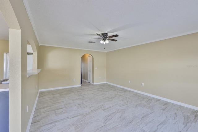 11438 Ivy Flower Loop, Riverview, FL 33578 - unfurnished room featuring a ceiling fan, arched walkways, ornamental molding, and a textured ceiling