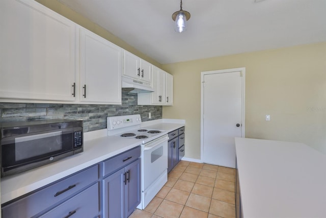 11438 Ivy Flower Loop, Riverview, FL 33578 - kitchen featuring black microwave, white range with electric stovetop, under cabinet range hood, backsplash, and light countertops