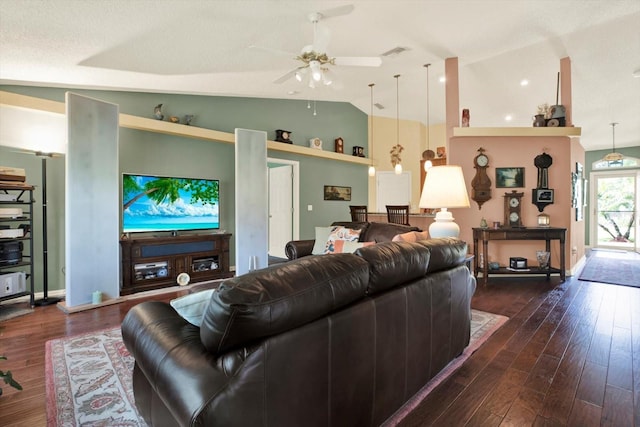 10597 Alvarado Ct, Seminole, FL 33772 - living area with a ceiling fan, dark wood-style flooring, and lofted ceiling