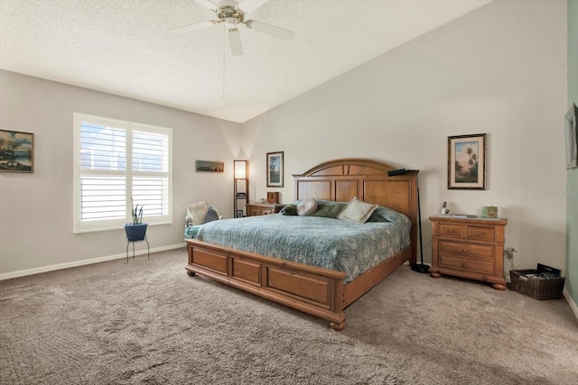 10597 Alvarado Ct, Seminole, FL 33772 - bedroom featuring carpet, a textured ceiling, lofted ceiling, and ceiling fan