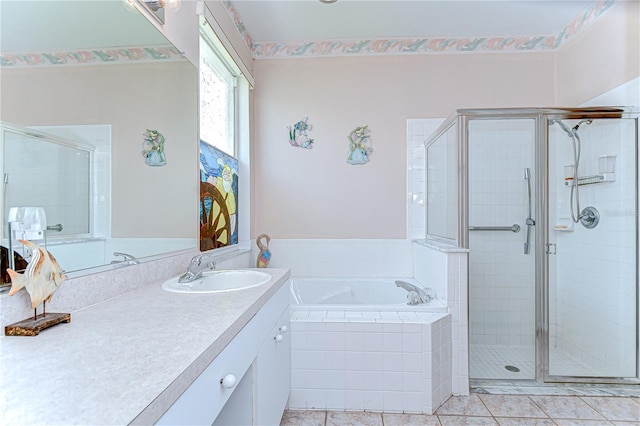2226 N Creek Ct, Sun City Center, FL 33573 - full bath with a bath, vanity, a shower stall, and tile patterned floors