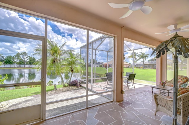 2226 N Creek Ct, Sun City Center, FL 33573 - sunroom / solarium with ceiling fan and a water view