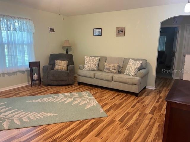 3665 Country Pointe Pl, Palm Harbor, FL 34684 - living room featuring arched walkways and wood finished floors