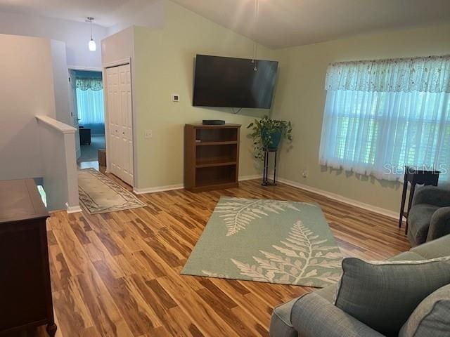3665 Country Pointe Pl, Palm Harbor, FL 34684 - living area with healthy amount of natural light, wood finished floors, and vaulted ceiling