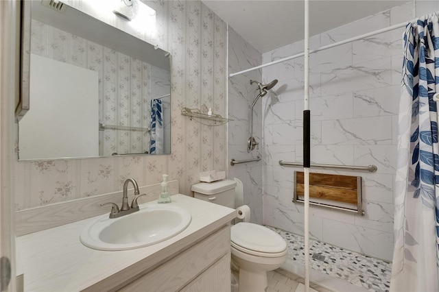 123 Glendower Cir Unit 123, Sun City Center, FL 33573 - full bathroom with vanity, a marble finish shower, and wallpapered walls