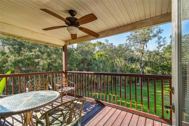 5908 Mohr Rd, Tampa, FL 33615 - wooden deck with a ceiling fan, a yard, and view of wooded area